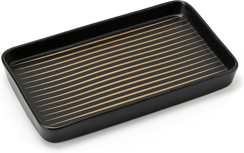Pottify 10"×6"×1" Black Bathroom Vanity Tray for Countertop- Ceramic Decorative Organizer Tray for Dresser Tops, Toilet, Perfume, Sponge Holder Soap Dish Dispenser for Kitchen Counter- Golden Stripes - Image 2